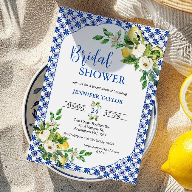Convite Chá de panela-limão Rosa-Azulejo-azul-mediterrânic (Blue Mediterranean Tile Bridal Shower Invitations template, Mediterranean Shower Invitation, Lemon)