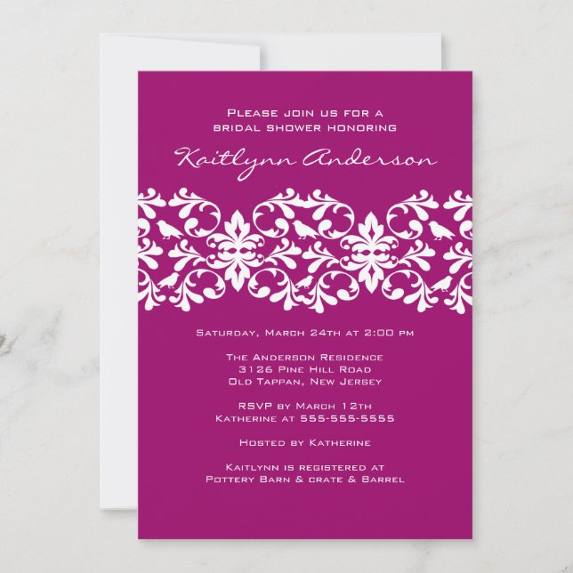 Convite Chá de panela Magenta e Branco para Damask (Frente)