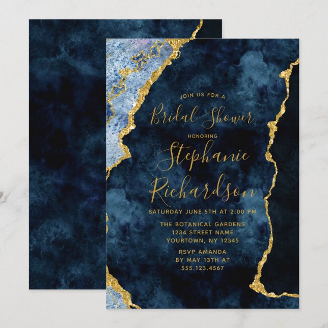 Convite Chá de panela marinho Azul De Agulha Ouro (Frente/Verso)