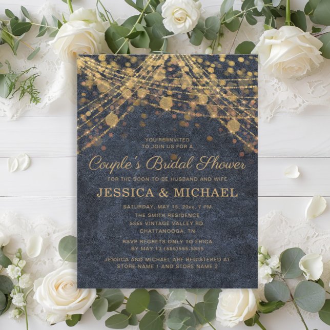 Convite Chá de panela marinho azul Dourado Casal de luz (Rustic glam navy blue and gold string lights couple's bridal shower invitation)