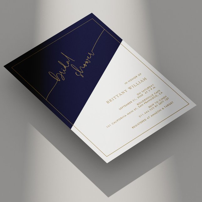 Convite Chá de panela marinho Azul e Dourado Geométrico (Navy Blue and Gold Geometric Bridal Shower Invitation)