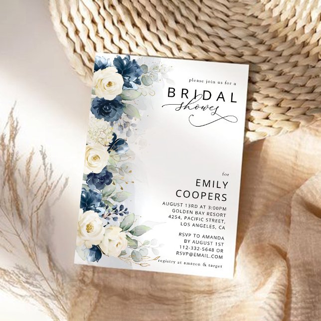 Convite Chá de panela marinho azul e rosas brancas (Criador carregado)