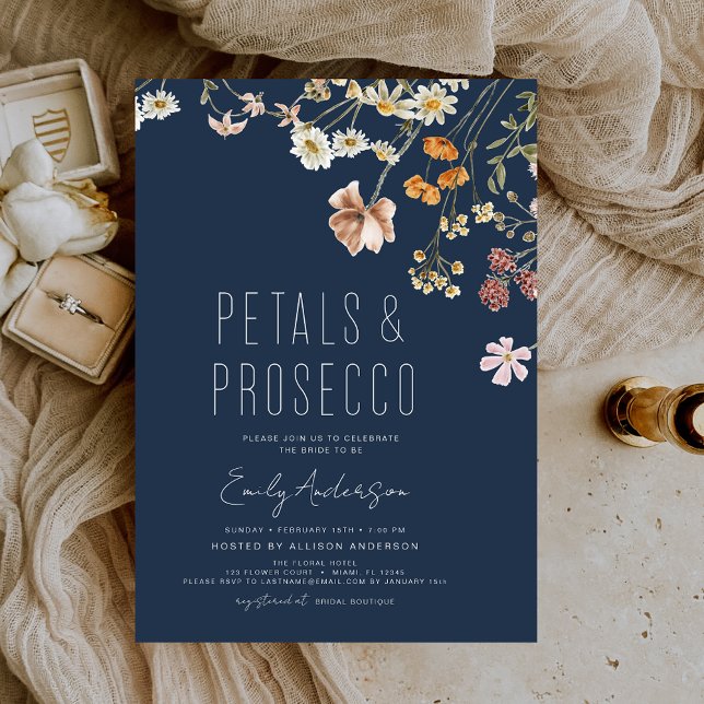 Convite Chá de panela marinho azul Petals & Prosecco (Criador carregado)