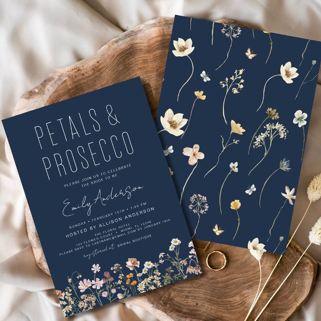 Convite Chá de panela marinho azul Petals & Prosecco (Criador carregado)