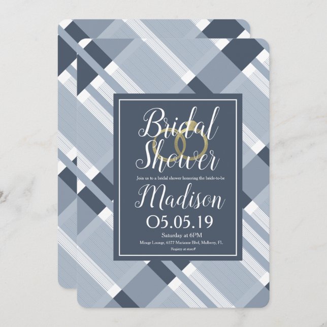 Convite Chá de panela Marinho Azul Xadrez Anéis (Frente/Verso)