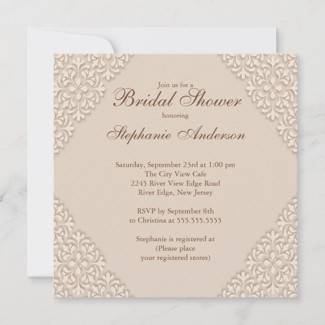 Convite Chá de panela Marrom Elegante para Damask (Frente)