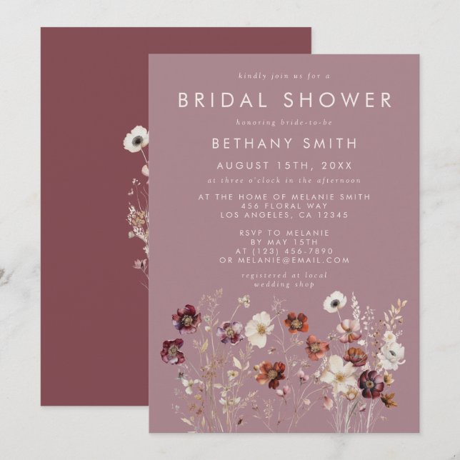 Convite Chá de panela Mauve de Flores Secas de Queda Whims (Frente/Verso)