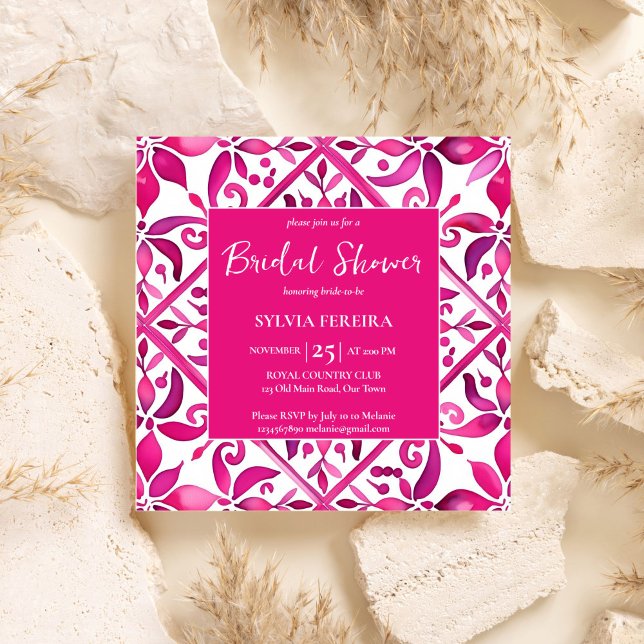 Convite Chá de panela mexicano, cor-de-rosa-escuro (Bold pink Spanish talavera tiles folk pattern Mexican Hacienda bridal shower Invitation template)