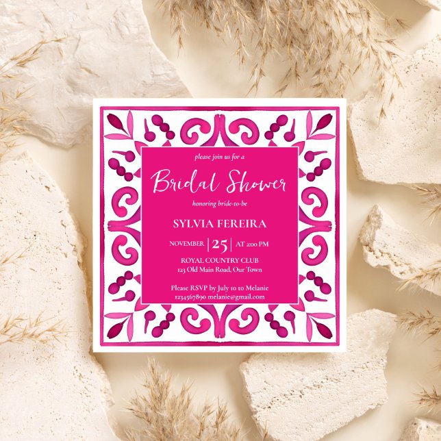 Convite Chá de panela mexicano, cor-de-rosa-escuro (Bold pink Spanish talavera vintage Mexican Hacienda bridal shower Invitation template download)