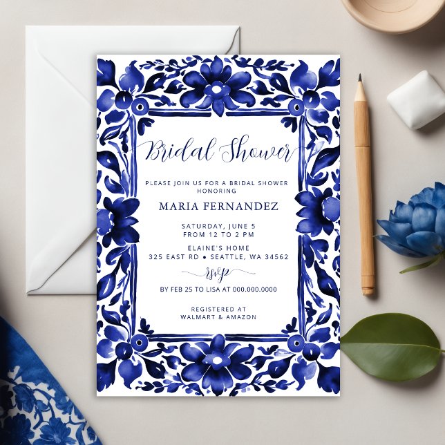 Convite Chá de panela mexicano Fiesta Blue Talavera (Mexican Fiesta Blue Talavera Bridal Shower Invitation)