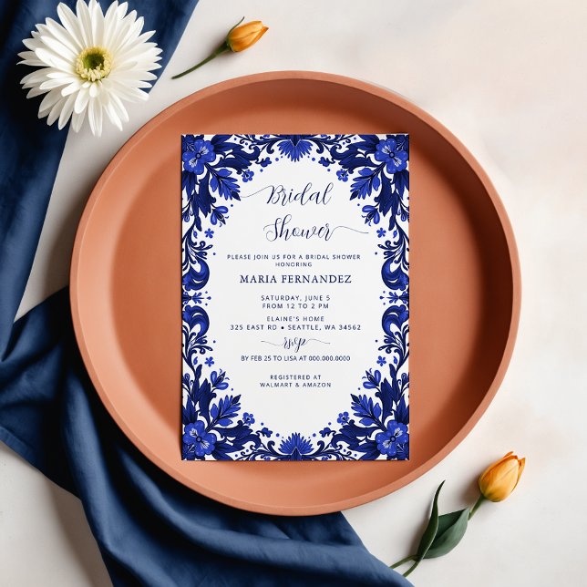 Convite Chá de panela mexicano Fiesta Blue Talavera (Mexican Fiesta Blue Talavera Bridal Shower Invitation)
