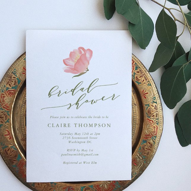 Convite Chá de panela Mínimo de Flor de Aquarela Rosa (Criador carregado)