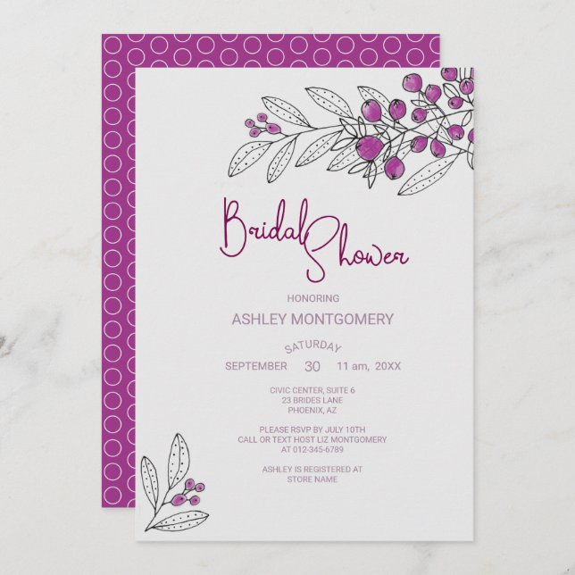 Convite Chá de panela Mínimo de Folhas de Berries Roxos (Frente/Verso)