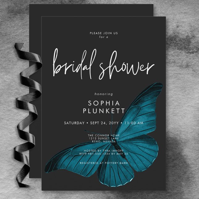 Convite Chá de panela Mínimo de Teal Mínimo Escuro (Dark Moody Minimal Teal Moth Bridal Shower Invitation)