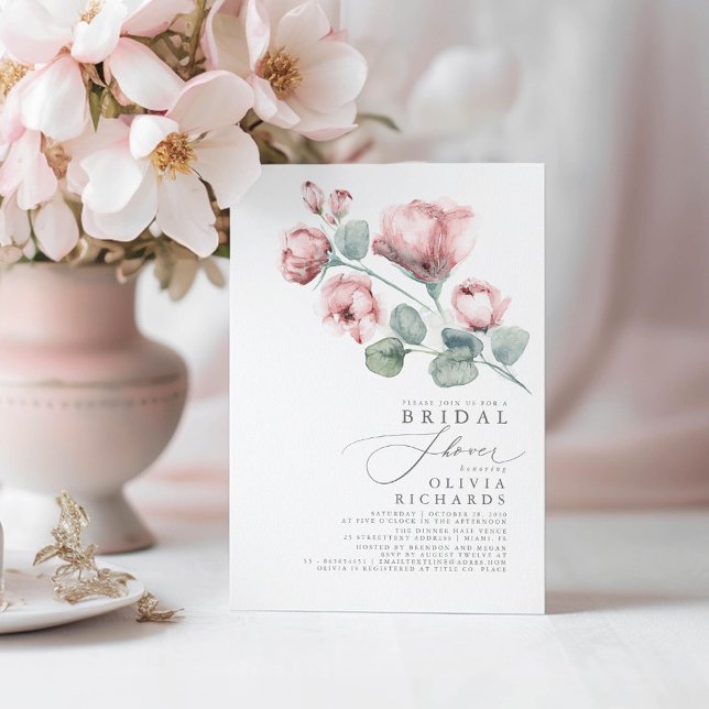 Convite Chá de panela Mínimo Elegante Floral Dusty Rosa (Dusty Pink Floral Bridal Shower Invitations)