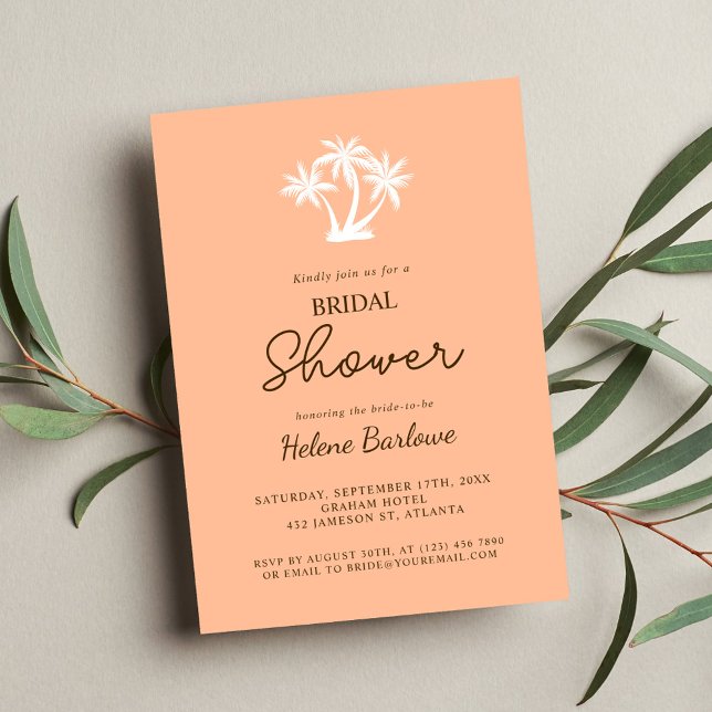 Convite Chá de panela Mínimo Moderno Tropical Peach (Peach Tropical Modern Minimalist Bridal Shower Invitation)