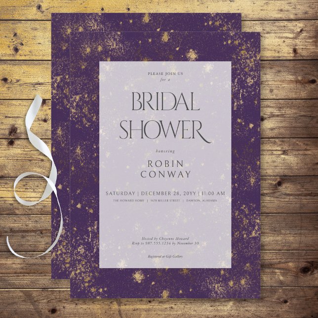 Convite Chá de panela Mínimo Roxo e Dourado Moderno (Modern Minimal Purple & Gold Glitter Bridal Shower Invitation)