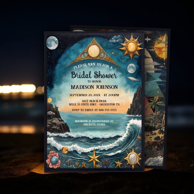 Convite Chá de panela Místico Surreal Celestial de Escape  (Mystical coastal bridal shower invitation with dark romance celestial aesthetic in an ocean collage.)