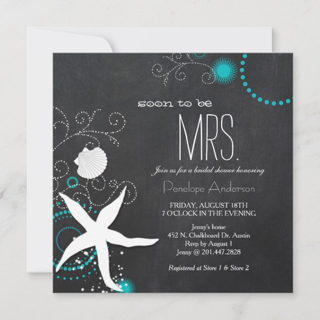 Convite Chá de panela Modern Chalkboard Beach (Frente)