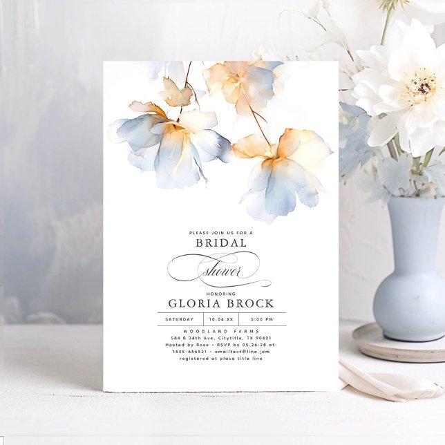 Convite Chá de panela Moderno das Flores Azuis e Douradas (Dusty Blue Bridal Shower Invitations)