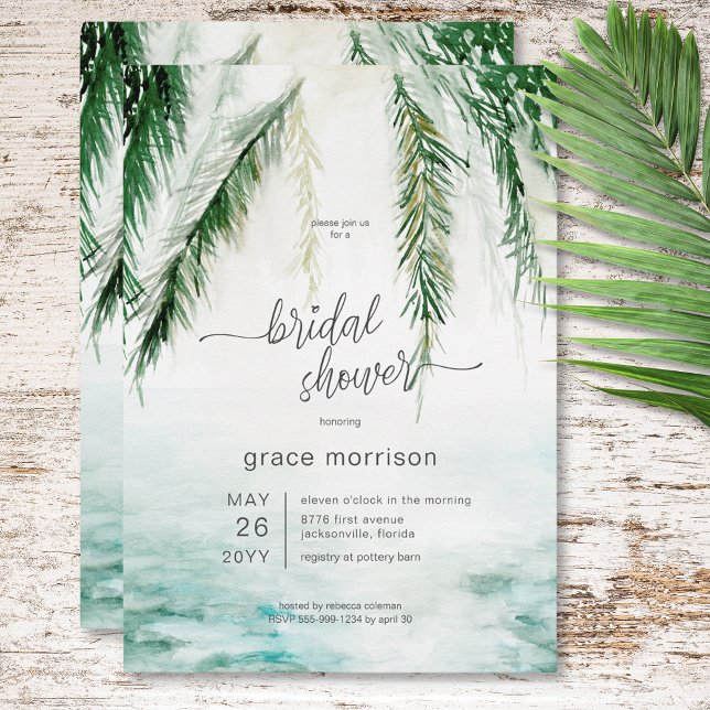 Convite Chá de panela moderno de água tropical e palmeiras (Modern Tropical Water & Palms Bridal Shower Invitation)