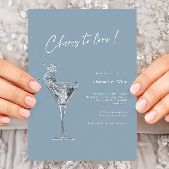 Convite Chá de panela Moderno de Animação ao Amor (Elegant Dusty Blue Cheers To Love Bridal Shower Invitation)