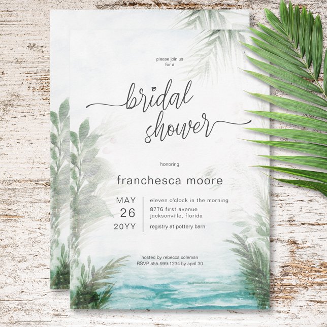 Convite Chá de panela moderno de mar tropical e palmeiras (Modern Tropical Sea & Palms Bridal Shower Invitation)