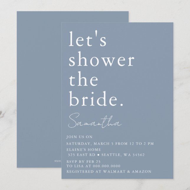 Convite Chá de panela Moderno Elegante Simples e Azul Dust (Frente/Verso)