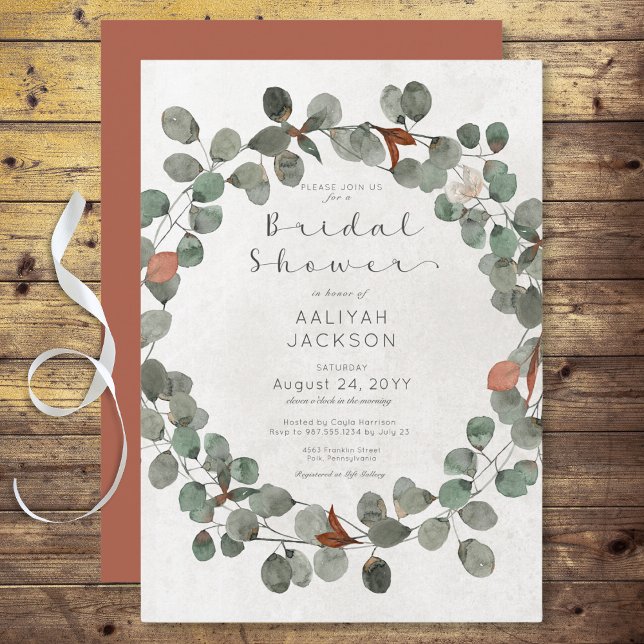 Convite Chá de panela moderno Eucalyptus verde e ferrugem (Rust & Green Eucalyptus Modern Bridal Shower Invitation)