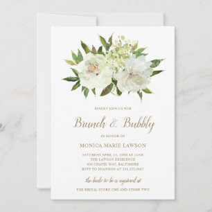 Convite Chá de panela Moderno Floral Branco Dourado Elegan