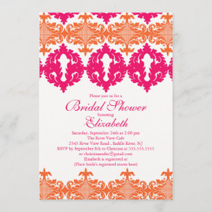 Convite Chá de panela Moderno Fuchsia & Orange Damask