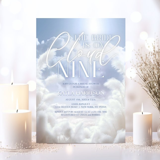 Convite Chá de panela Moderno Nine 9 Pampas (Modern Bride is On Cloud Nine 9 Pampas Bridal Shower Invitation)