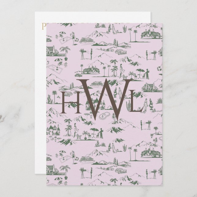 Convite Chá de panela Moderno Rosa Toile (Frente/Verso)