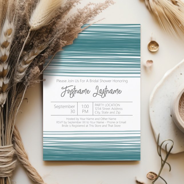 Convite Chá de panela Moderno - Teal de faixas de água (Bridal Shower Invitation - Modern Abstract Stripes)