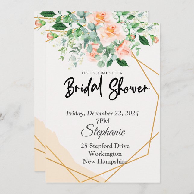 Convite Chá de panela, moldura dourada, flores para ping (Frente/Verso)