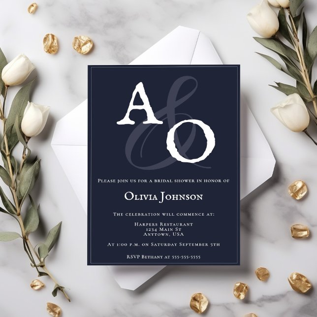 Convite Chá de panela Monograma Minimalista Azul marinho (Navy Blue Minimalist Monogram Bridal Shower Invitation)