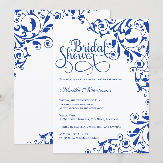 Convite Chá de panela na moda Royal Blue Swirls (Frente/Verso)