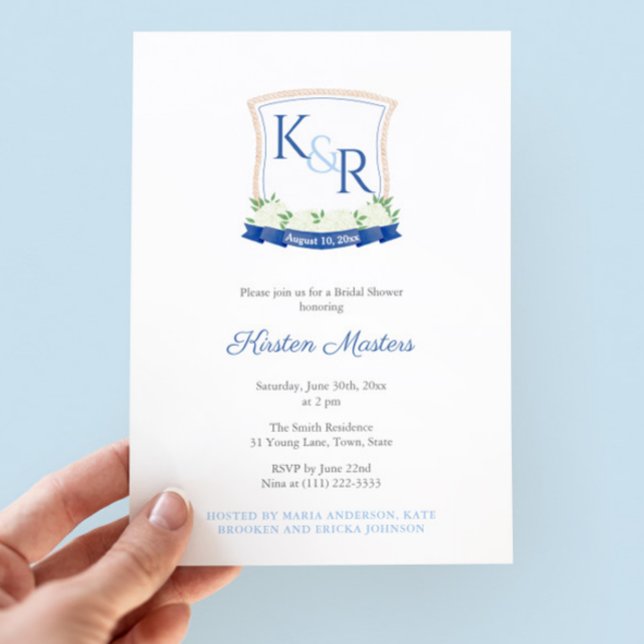 Convite Chá de panela Náutico Com Retenção Monográfica (High-end bridal shower cards featuring a coastal monogram and navy blue and white striped backer)