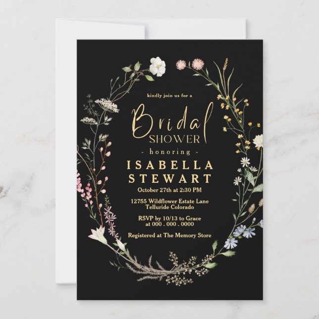 Convite Chá de panela Negra Moderno de Flor Selvagem (Frente)