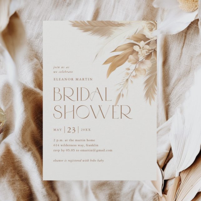 Convite Chá de panela Neutro de Boho Grass Pampas (Pampas grass elegant type boho neutral bridal shower invitation.)