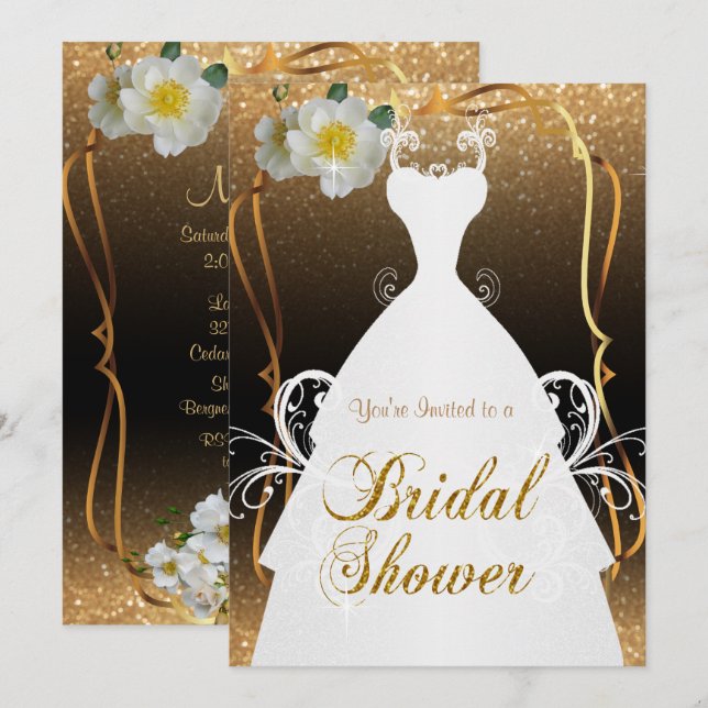 Convite Chá de panela no brilho Dourado e nas flores (Frente/Verso)