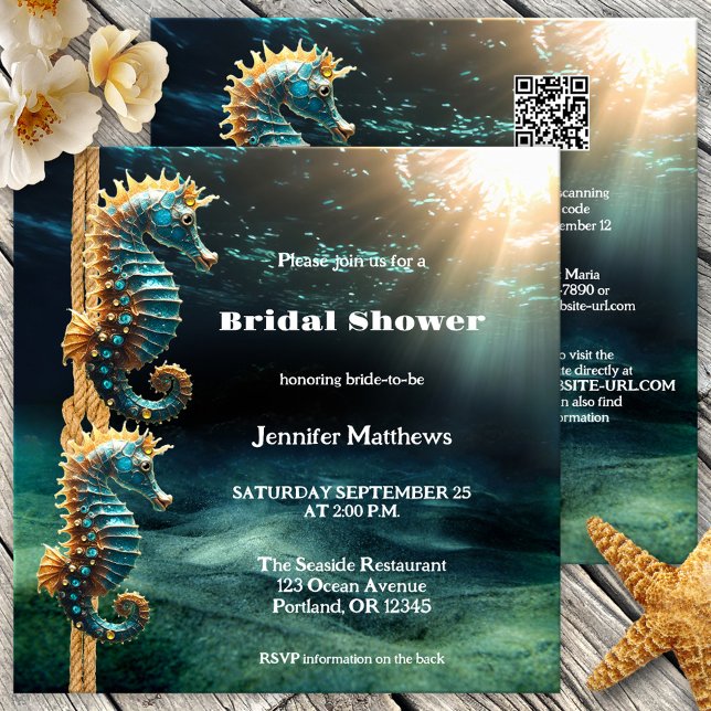 Convite Chá de panela oceânico artístico (Bridal shower invitation featuring seahorses ready to tie the knot - ocean - sea - seaside - QR code)