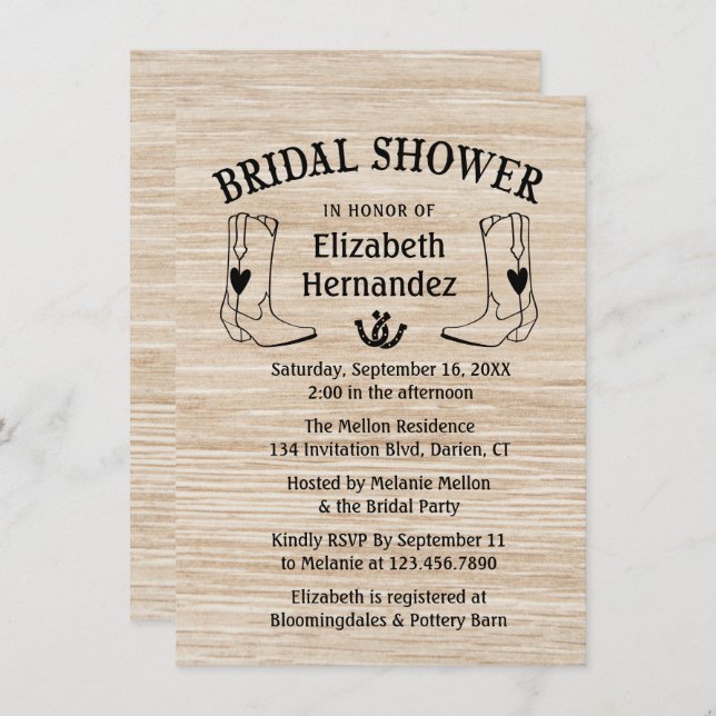 Convite Chá de panela Ocidental Boots Country Wood (Frente/Verso)