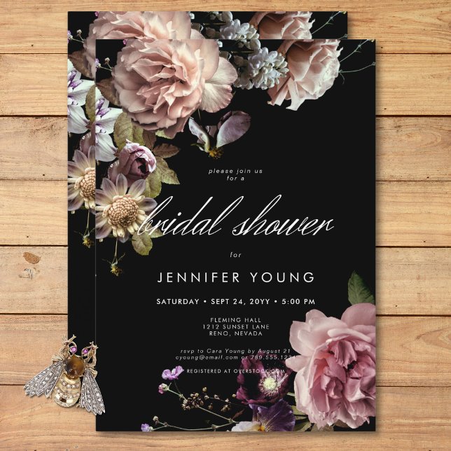 Convite Chá de panela Oral Opulente de Pastel Escuro (Dark Moody Pastel Opulent Floral Bridal Shower Invitation)
