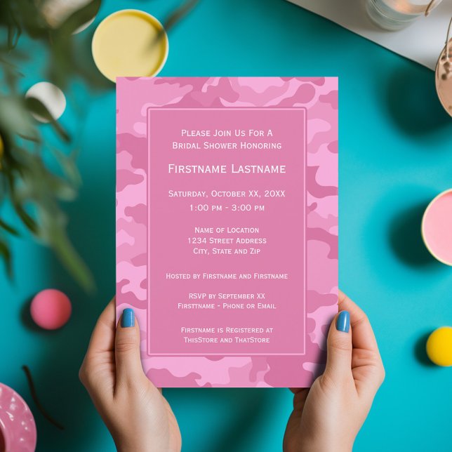 Convite Chá de panela ou Festa de noivado de Camo rosa (Pink Camo Bridal Shower Invitation)