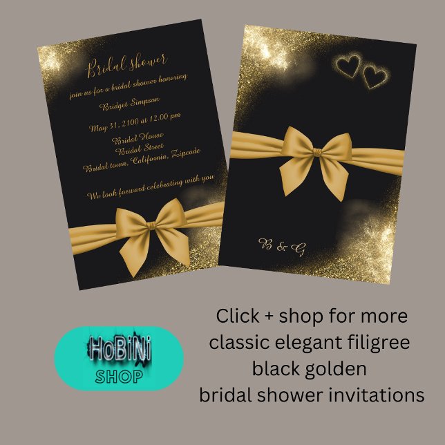 Convite chá de panela ouro preto de fita elegante chic (classic elegant filigree black golden bridal shower invitation)