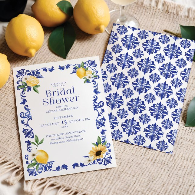 Convite Chá de panela Padrão de Potência Azul Limão e Anti (Lemon & Antique Blue Pottery Pattern Bridal Shower Invitation)