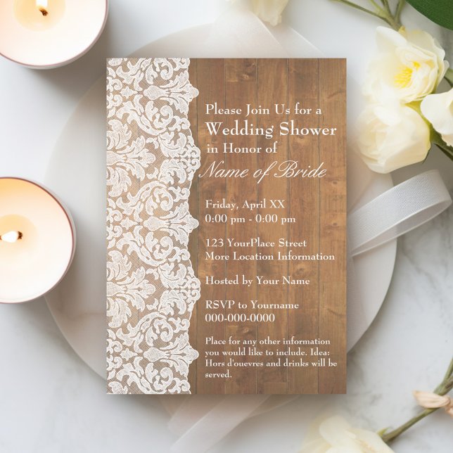 Convite Chá de panela: Padrão Floral de Locação e Madeira  (Bridal Shower Invitation - Rustic Modern Wood and Lace)