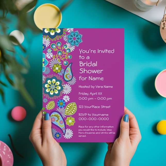 Convite Chá de panela - Padrão Floral Divertido - magenta (Funky Floral Bridal Shower Invitation - Retro Flowers and Deep Colors)