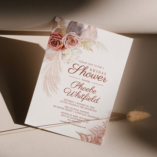 Convite Chá de panela Pampas Grass Floral Terracotta (Pampas Grass Floral Terracotta Bridal Shower Invitation Front View)